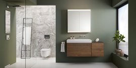 Ein modernes Badezimmer mit einer eleganten Holzschublade, einem großen Spiegel und einer stilvollen Pflanze im Fenster.