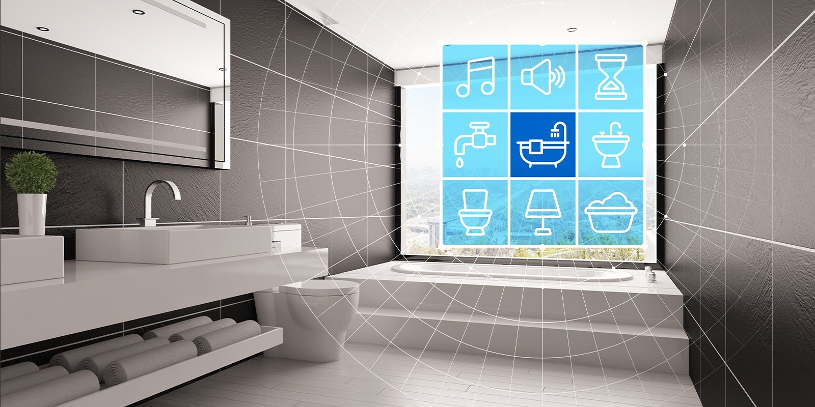 Ein modernes Badezimmer mit einem eleganten Waschbecken, einem großen Spiegel und einer Fensteransicht auf die Landschaft.