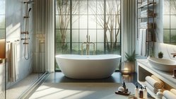 Ein modernes Badezimmer mit einer freistehenden Badewanne, großen Fenstern und sanftem Licht, das die Natur draußen zeigt.